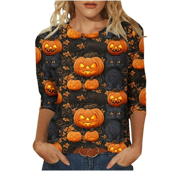Womens Halloween Funny T-Shirts Casual Loose Fit Pumpkin Cat Printed 3/4 Sleeve Crew Neck Pullover Tunic Tops
