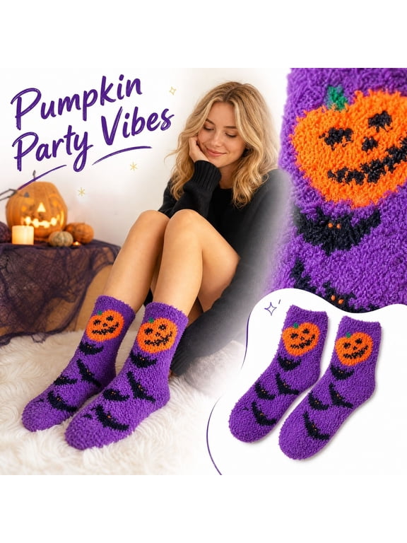 Womens Halloween Fuzzy Socks Ghost Pumpkin Witch Graphic Mid Calf Fluffy Socks Warm Comfortable Holiday Party Costume Accessory Socks One Size