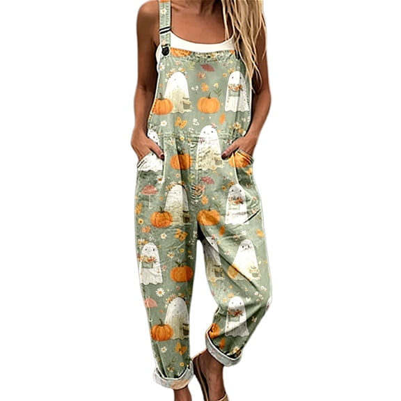 Womens Halloween Ghost Floral Print Bib Overalls Sleeveless Button Front Jumpsuit Boho Fall Winter Casual Outfits