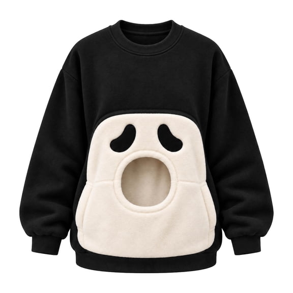 Womens Halloween Ghost Pet Pouch Sweatshirts Oversized Cat Dog Carrier Sweater Long Sleeve Crew Neck Pullover Top Spooky Casual Animal Lover Outfits