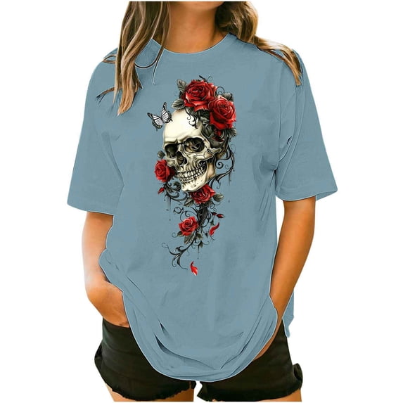 Womens Halloween Ghost Shirts Vintage Graphic Tees Funny Printed Tops Loose Fit Shirts Skull Teen Girl Plus Size