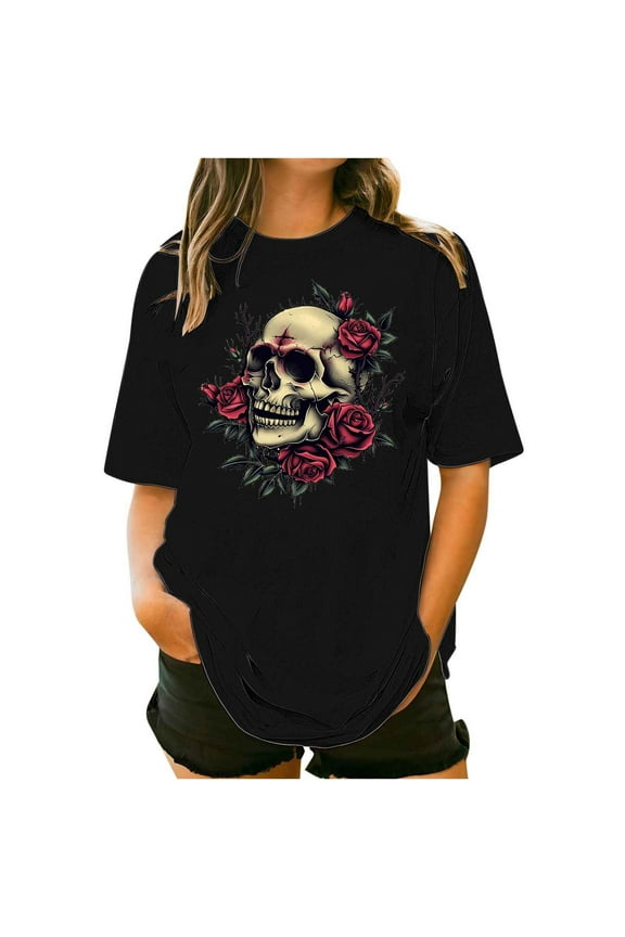 Womens Halloween Ghost Shirts Vintage Graphic Tees Funny Printed Tops Loose Fit Shirts Skull Teen Girl Plus Size