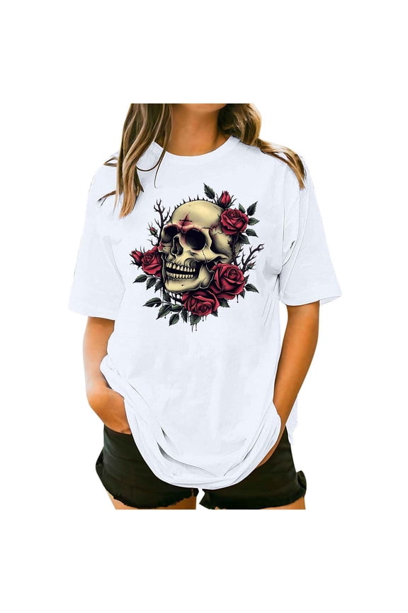 Womens Halloween Ghost Shirts Vintage Graphic Tees Funny Printed Tops Loose Fit Shirts Skull Teen Girl Plus Size