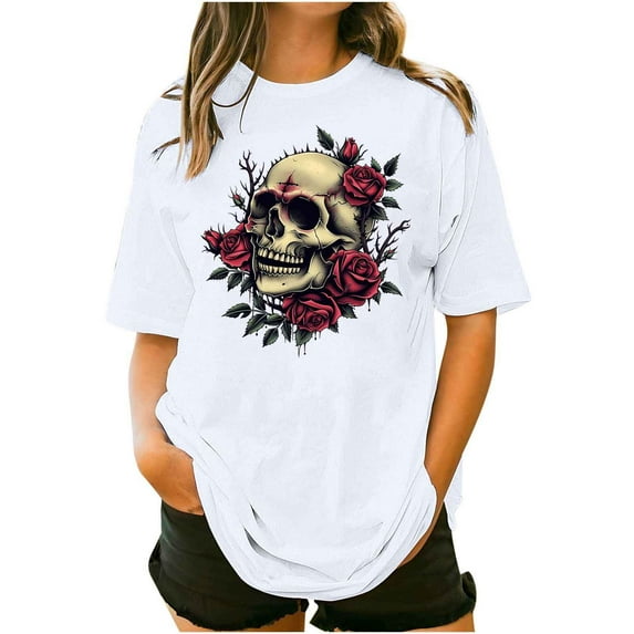 Womens Halloween Ghost Shirts Vintage Graphic Tees Funny Printed Tops Loose Fit Shirts Skull Teen Girl Plus Size