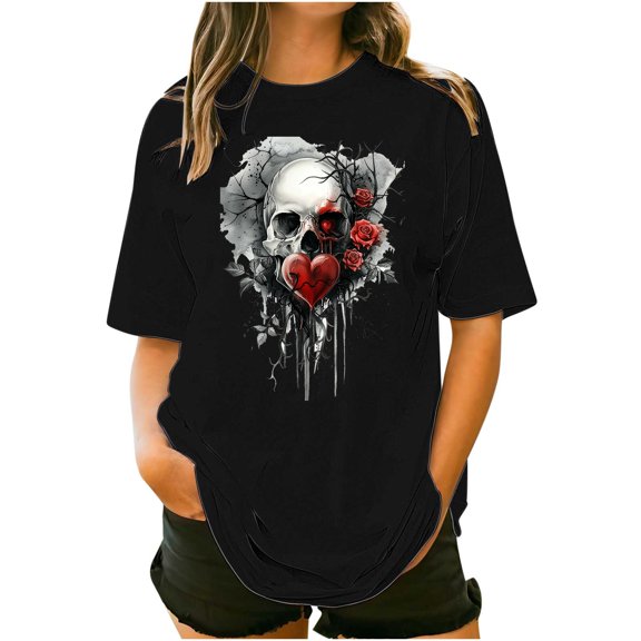 Womens Halloween Ghost Shirts Vintage Graphic Tees Funny Printed Tops Loose Fit Shirts Skull Teen Girl Plus Size