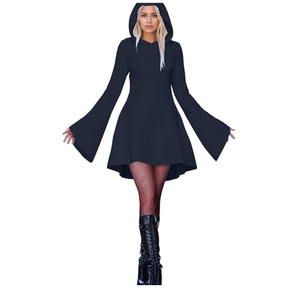 Womens Halloween Gothic Dresses Long Sleeve Hooded Dress Halloween Print Cosplay Party Outfit