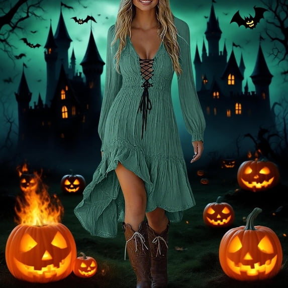 Womens Halloween Gothic Dresses Long Sleeve V Neck Lace Up Irregular Hem Fashion Solid Color Flowy Festival Outfit Army Green S