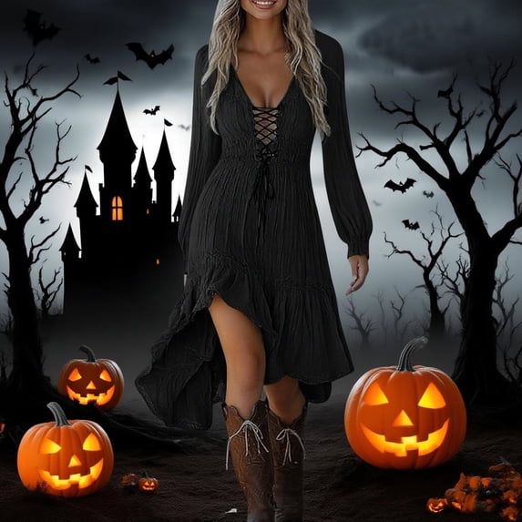 Womens Halloween Gothic Dresses Long Sleeve V Neck Lace Up Irregular Hem Fashion Solid Color Flowy Festival Outfit Black L