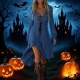 thumbnail image 1 of Womens Halloween Gothic Dresses Long Sleeve V Neck Lace Up Irregular Hem Fashion Solid Color Flowy Festival Outfit Blue M, 1 of 7