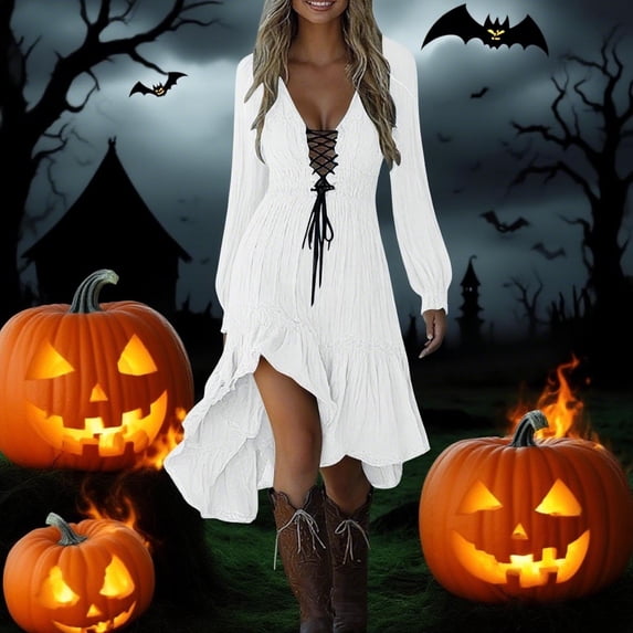 Womens Halloween Gothic Dresses Long Sleeve V Neck Lace Up Irregular Hem Fashion Solid Color Flowy Festival Outfit White L