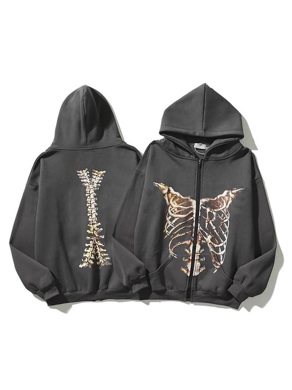 Womens Halloween Gothic Hooded Sweater Retro Bone Print Hooded Sweatshirt Y2K zip-up Jacket Grunge Hooded Sweater