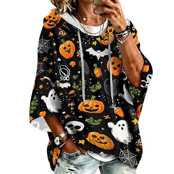 Womens Halloween Graphic Hoodies Pumpkin Ghost 3/4 Sleeve Sweatshirts | Halloween Themed Print Hoodied,Funny Cute Graphic Pullover,Fall Halloween Party Tops Navy M
