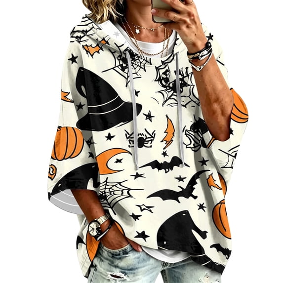 Womens Halloween Graphic Hoodies Pumpkin Ghost 3/4 Sleeve Sweatshirts | Halloween Themed Print Hoodied,Funny Cute Graphic Pullover,Fall Halloween Party Tops Complexion XXL