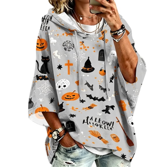 Womens Halloween Graphic Hoodies Pumpkin Ghost 3/4 Sleeve Sweatshirts | Halloween Themed Print Hoodied,Funny Cute Graphic Pullover,Fall Halloween Party Tops Khaki M