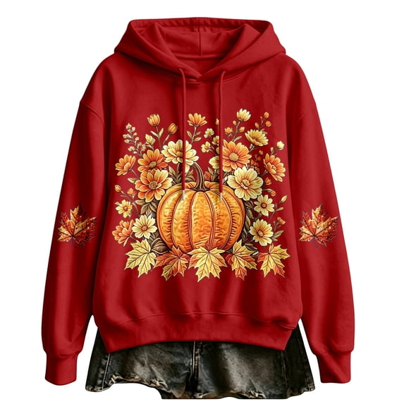 Womens Halloween Graphic Pullover Oversized Drawstring Long Sleeve Tops Fall Floral Pumpkin Maple Leaf Graphic Hoodies Casual Sweatshirt