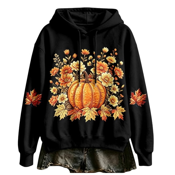 Womens Halloween Graphic Pullover Oversized Drawstring Long Sleeve Tops Fall Floral Pumpkin Maple Leaf Graphic Hoodies Casual Sweatshirt