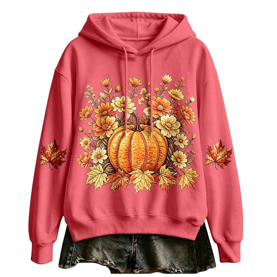Womens Halloween Graphic Pullover Oversized Drawstring Long Sleeve Tops Fall Floral Pumpkin Maple Leaf Graphic Hoodies Casual Sweatshirt