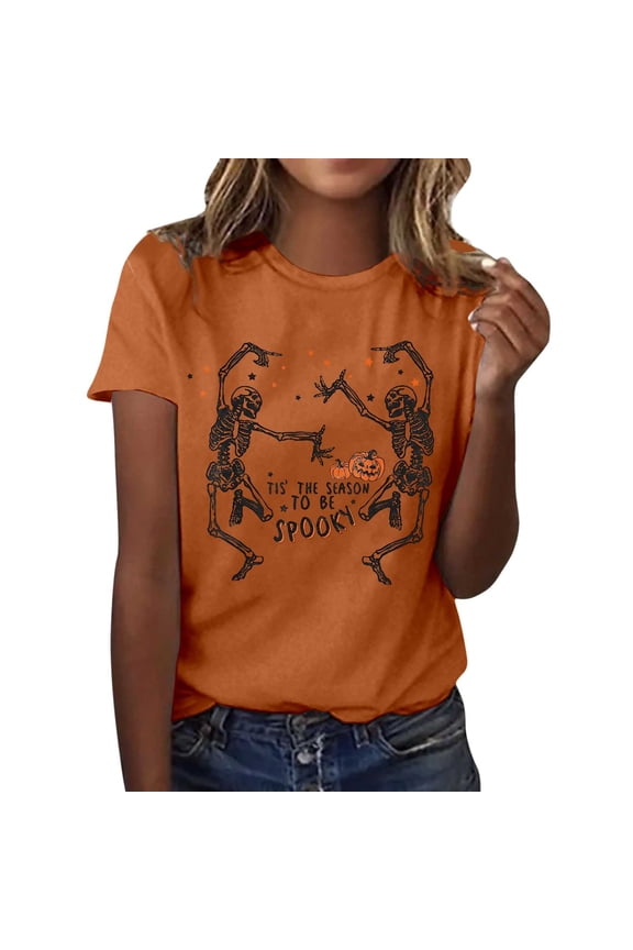 Womens Halloween Graphic Short Sleeve T Shirt Casual Tee Holiday Party Apparel Fall Pullover Top