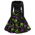 thumbnail image 1 of Womens Halloween Hepburn Dresses Spider Webeb Bat Round Neck Spooky Hepburn Dress Pumpkin Moon Long Sleeve Horror Hepburn Dresses, XL, 1 of 4