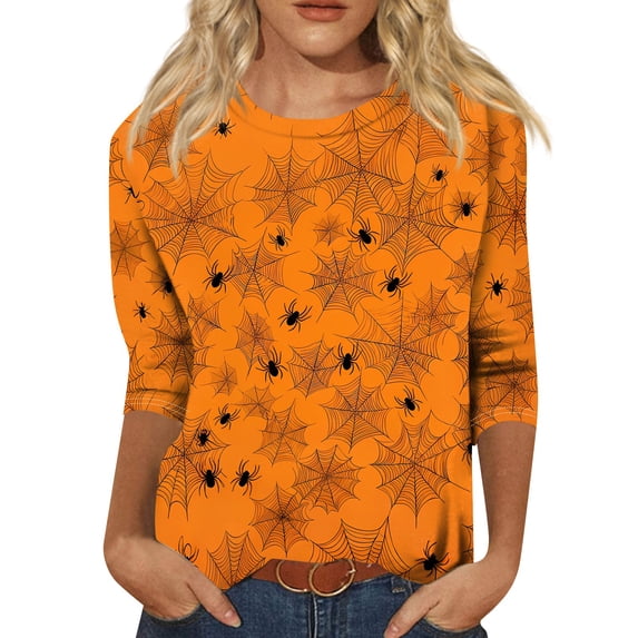Womens Halloween Holiday Outfit Shirt,Halloween Scary Pumpkin Ghost Print Shirts Halloween Casual 3/4 Sleeve Crew Neck Tops For Women