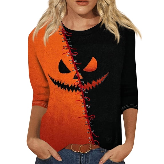 Womens Halloween Holiday Outfit Shirt,Halloween Scary Pumpkin Ghost Print Shirts Halloween Casual 3/4 Sleeve Crew Neck Tops For Women