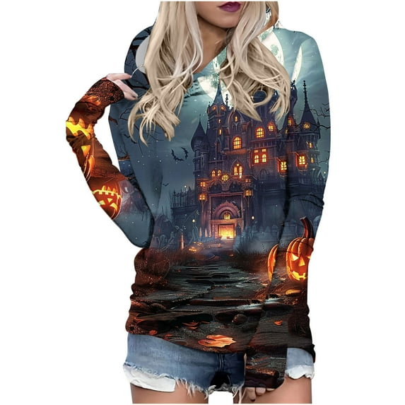 Womens Halloween Hoodies Plus Size Trendy Pumpkin Printed Casual Loose Long Sleeve Soft Comfy Pullover Tops,Gray 4,3XL
