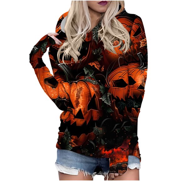 Womens Halloween Hoodies Plus Size Trendy Pumpkin Printed Casual Loose Long Sleeve Soft Comfy Pullover Tops,Orange 1,XL