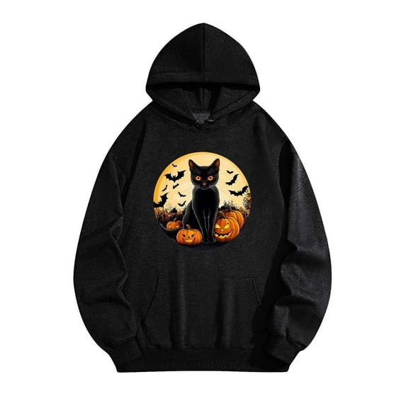 Womens Halloween Hoodies Pullover Cute Ghost Cats Pumpkins Graphic Sweatshirts Long Sleeve Hooded Sweaters Fashion Warm Y2K Funny Holiday Vintage Casual Oversized Winter Hoodie, Black L