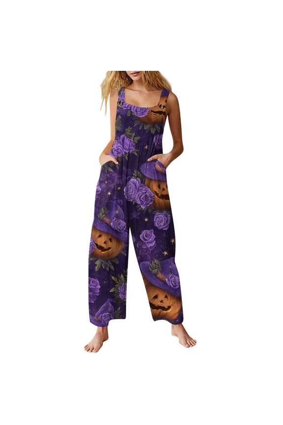 Womens Halloween Jumpsuits Candy Castle Wide Leg Backless Horror Rompers Skeleton Witch Hat Halter Spooky Overalls, S