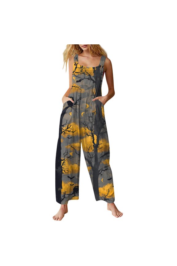 Womens Halloween Jumpsuits Candy Skeleton Halter Backless Spooky Overalls Ghost Pumpkin Wide Leg Horror Rompers, S