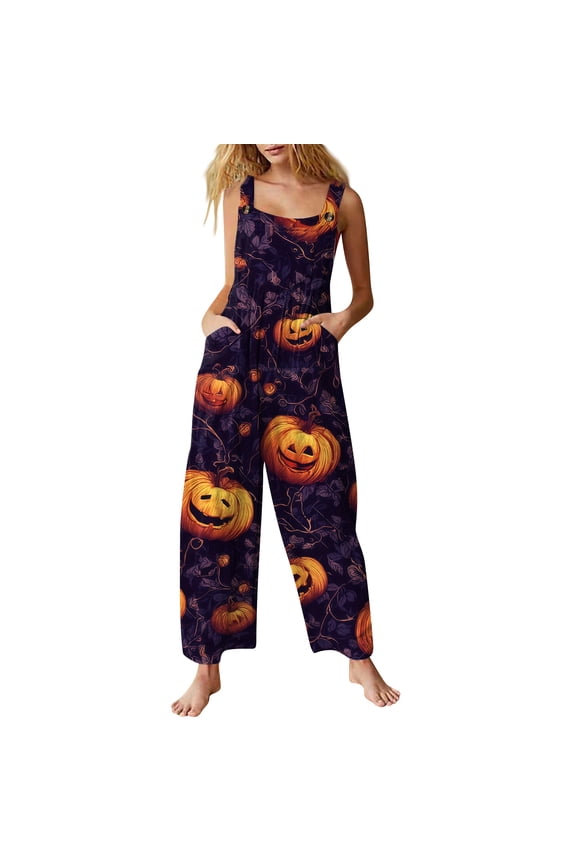 Womens Halloween Jumpsuits Candy Skeleton Sleeveless Backless Horror Overalls Ghost Bat Halter Funny Rompers, M