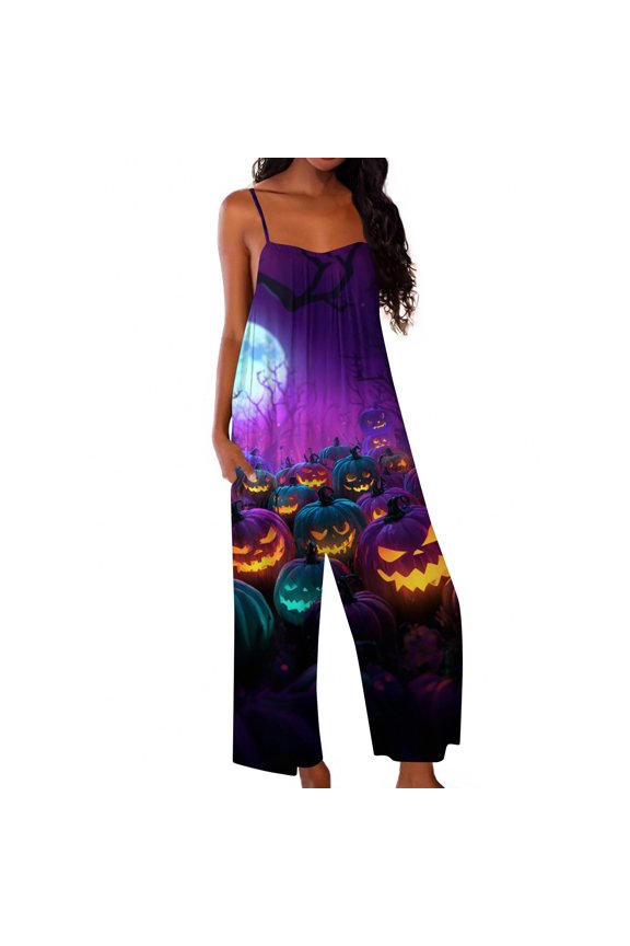 Womens Halloween Jumpsuits Castle Ghost Halter Backless Funny Overalls Skeleton Pumpkin Sleeveless Horror Rompers, M