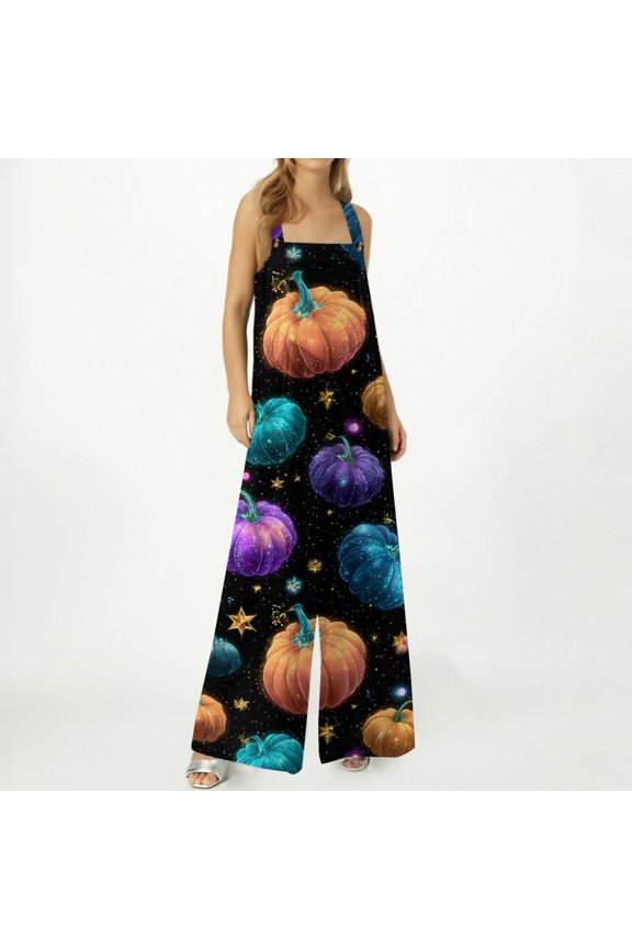 Womens Halloween Jumpsuits Castle Spiderweb Halter Backless Funny Overalls Skull Skeleton Sleeveless Horror Rompers, M