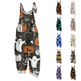 thumbnail image 1 of Womens Halloween Jumpsuits Cute Print Baggy Casual Wide Leg Romper Tie Strap Cotton Linen Pants, 1 of 7