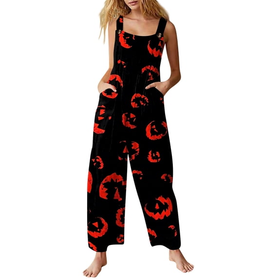 Womens Halloween Jumpsuits Ghost Bat Wide Leg Backless Spooky Overalls Castle Candy Sleeveless Funny Rompers, 2XL