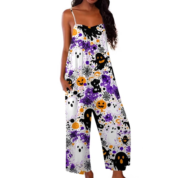 Womens Halloween Jumpsuits Ghost Bat Wide Leg Backless Spooky Overalls Skull Skeleton Halter Horror Rompers, S
