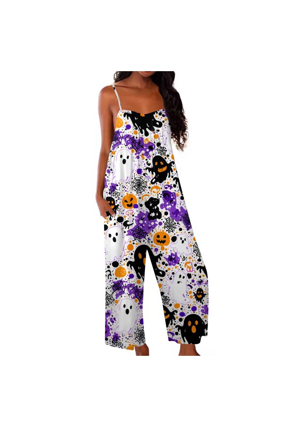 Womens Halloween Jumpsuits Ghost Bat Wide Leg Backless Spooky Overalls Skull Skeleton Halter Horror Rompers, S