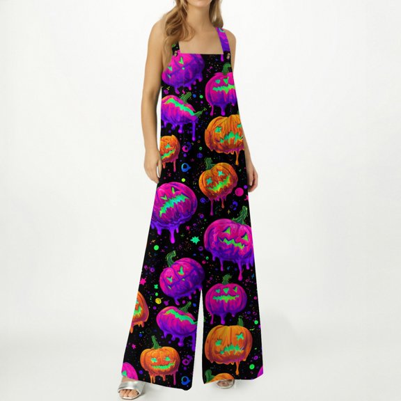 Womens Halloween Jumpsuits Ghost Pumpkin Wide Leg Backless Horror Overalls Candy Spiderweb Sleeveless Spooky Rompers, 2XL