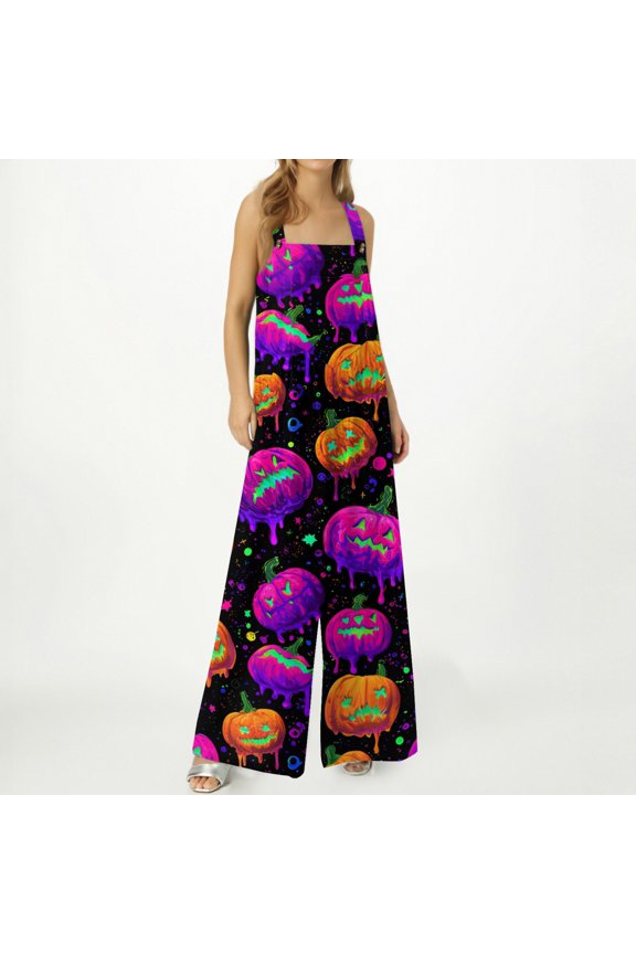 Womens Halloween Jumpsuits Ghost Skeleton Halter Backless Horror Rompers Witch Hat Skull Sleeveless Spooky Overalls, S