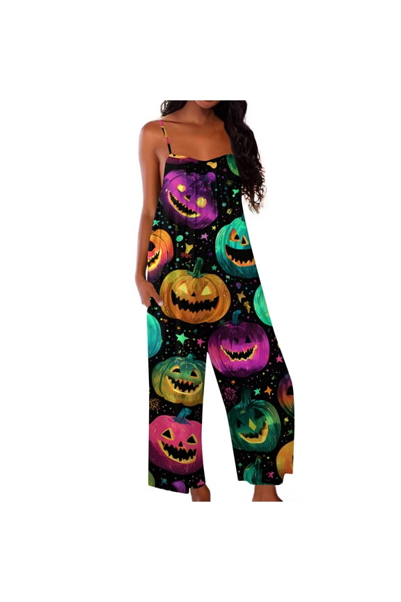 Womens Halloween Jumpsuits Ghost Spiderweb Halter Backless Spooky Overalls Skull Skeleton Sleeveless Funny Rompers, M