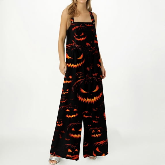 Womens Halloween Jumpsuits Ghost Spiderweb Wide Leg Backless Spooky Rompers Witch Hat Pumpkin Sleeveless Funny Overalls, XL