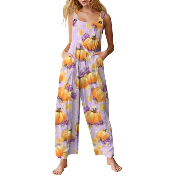 Womens Halloween Jumpsuits Pumpkin Candy Wide Leg Backless Horror Overalls Witch Hat Ghost Sleeveless Funny Rompers, M