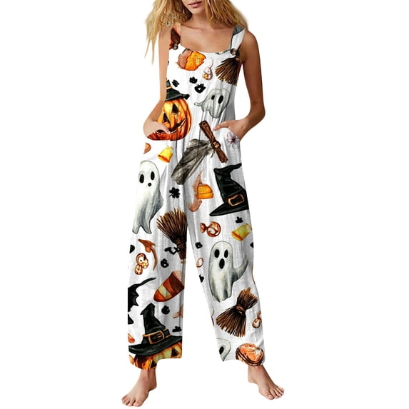 Womens Halloween Jumpsuits Pumpkin Skeleton Wide Leg Backless Spooky Overalls Skull Candy Halter Funny Rompers, S