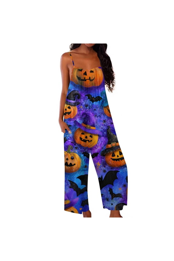 Womens Halloween Jumpsuits Skeleton Ghost Halter Backless Spooky Overalls Spiderweb Bat Wide Leg Funny Rompers, XL