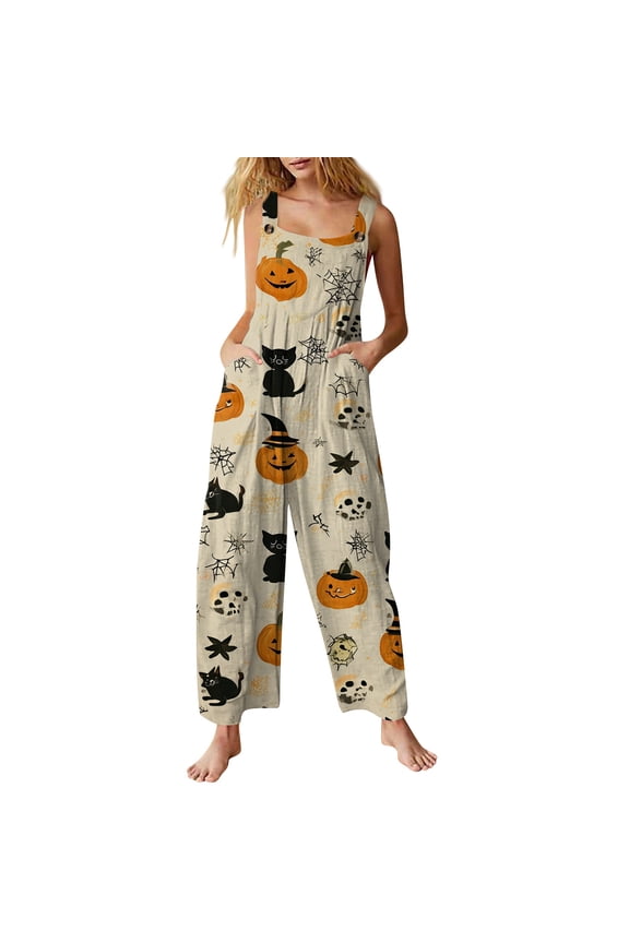 Womens Halloween Jumpsuits Skeleton Ghost Wide Leg Backless Spooky Overalls Skull Spiderweb Halter Horror Rompers, S