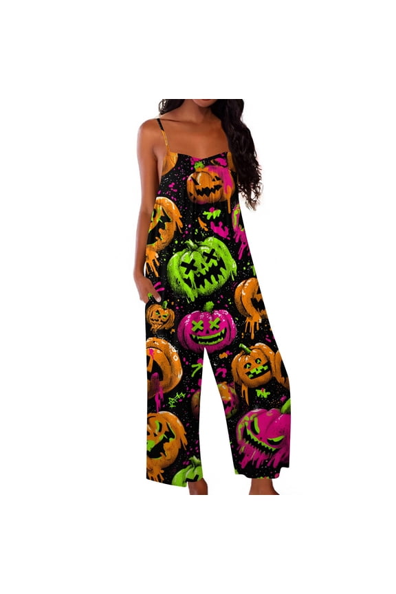 Womens Halloween Jumpsuits Skeleton Witch Hat Sleeveless Backless Horror Overalls Castle Ghost Wide Leg Spooky Rompers, S