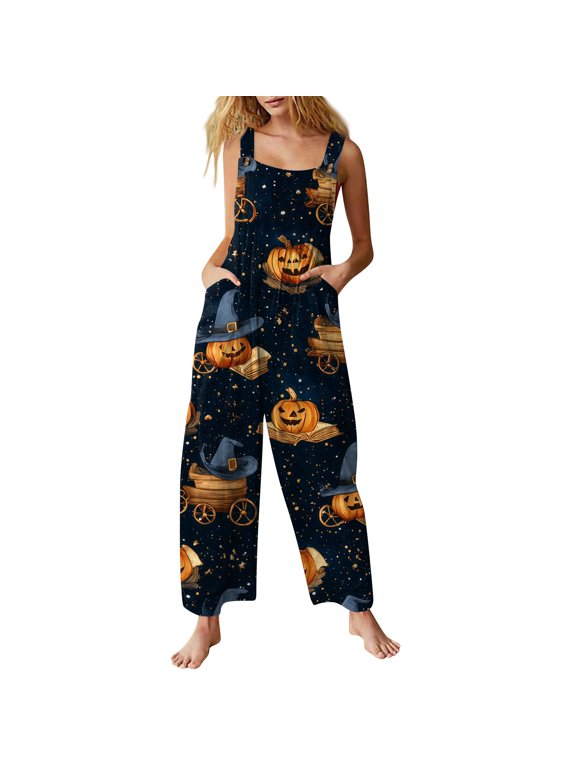 Womens Halloween Jumpsuits Skeleton Witch Hat Wide Leg Backless Spooky Overalls Candy Spiderweb Sleeveless Horror Rompers, XL