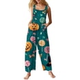 thumbnail image 1 of Womens Halloween Jumpsuits Skull Pumpkin Halter Backless Funny Rompers Skeleton Castle Wide Leg Horror Overalls, 2XL, 1 of 5