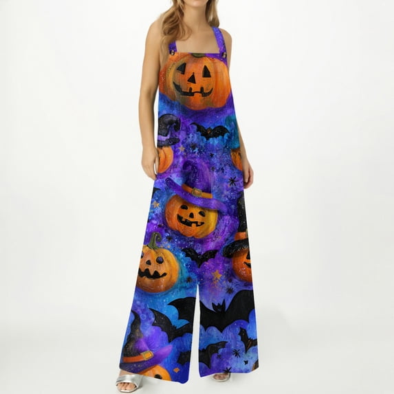 Womens Halloween Jumpsuits Skull Spiderweb Halter Backless Funny Overalls Ghost Castle Sleeveless Horror Rompers, L