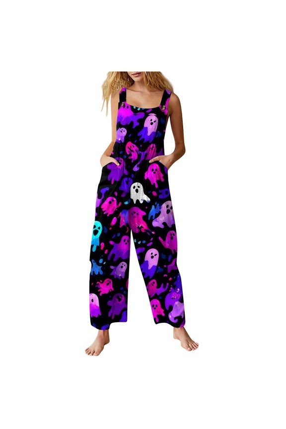 Womens Halloween Jumpsuits Skull Spiderweb Sleeveless Backless Funny Overalls Castle Ghost Halter Spooky Rompers, S